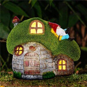 House Garden Statues with Solar Lights, LED Cute Flocked Fairy House with Gnomes